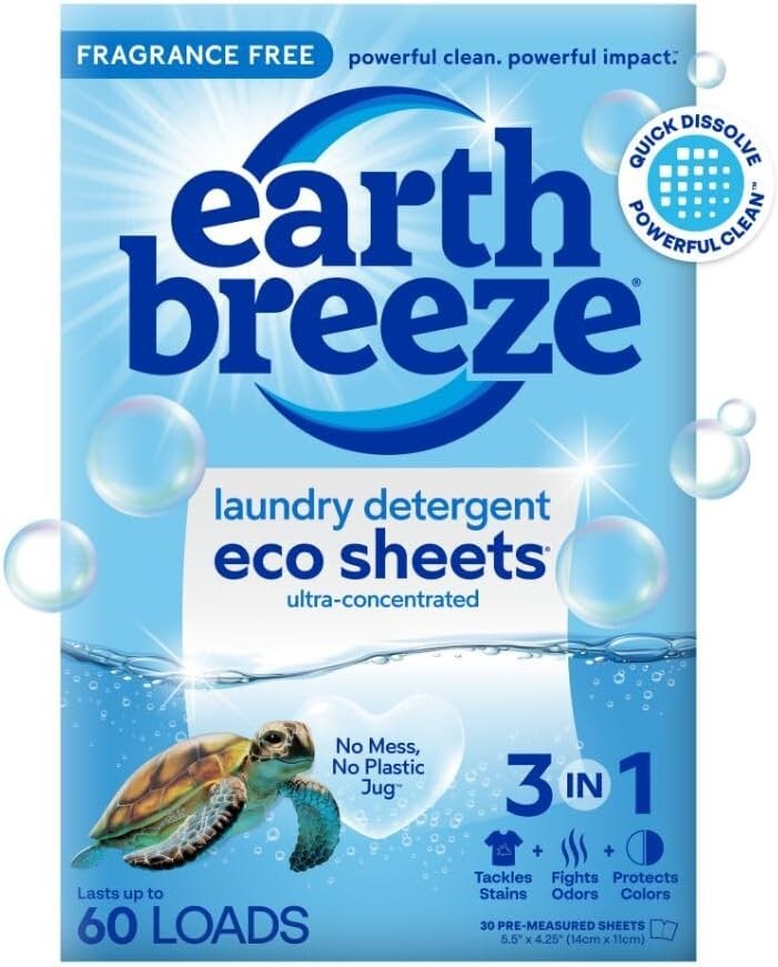 Earth Breeze Laundry Detergent 30-Eco Sheets Fragrance Free Up to 60 Loads – New