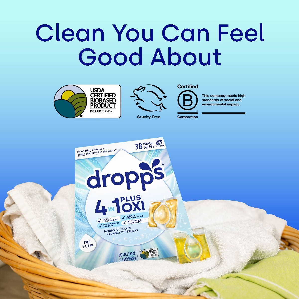Dropps Unscented Free & Clear 4-in-1 Plus Power Detergent Pods 38 Pacs – 21.44oz