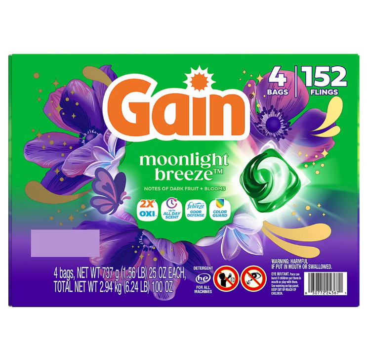 Gain Flings 4 in 1 Laundry Detergent Pacs, Moonlight Breeze, 152 Count