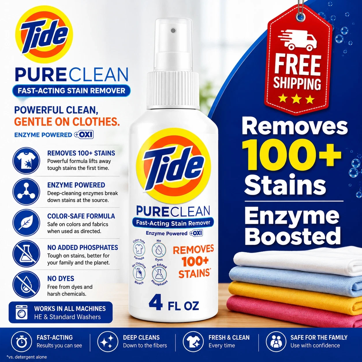 Tide PureClean Laundry Stain Remover Fast Acting 4 fl oz- Free Shipping USA