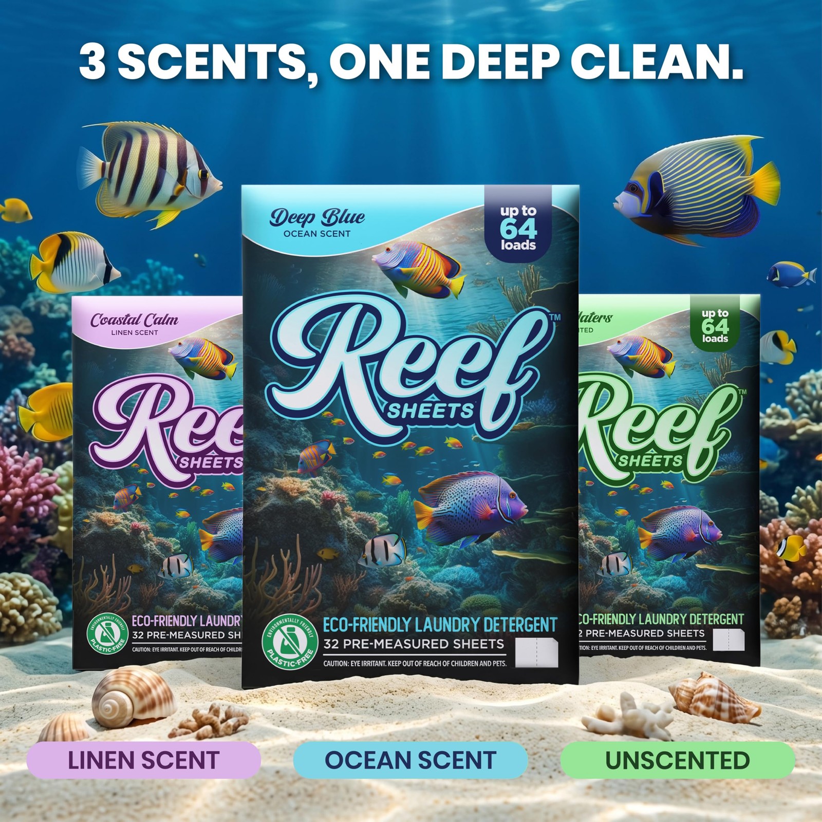 Reef Sheets Laundry Detergent Sheets, Deep Blue Ocean Scent, 32ct | 64 Loads, Hy