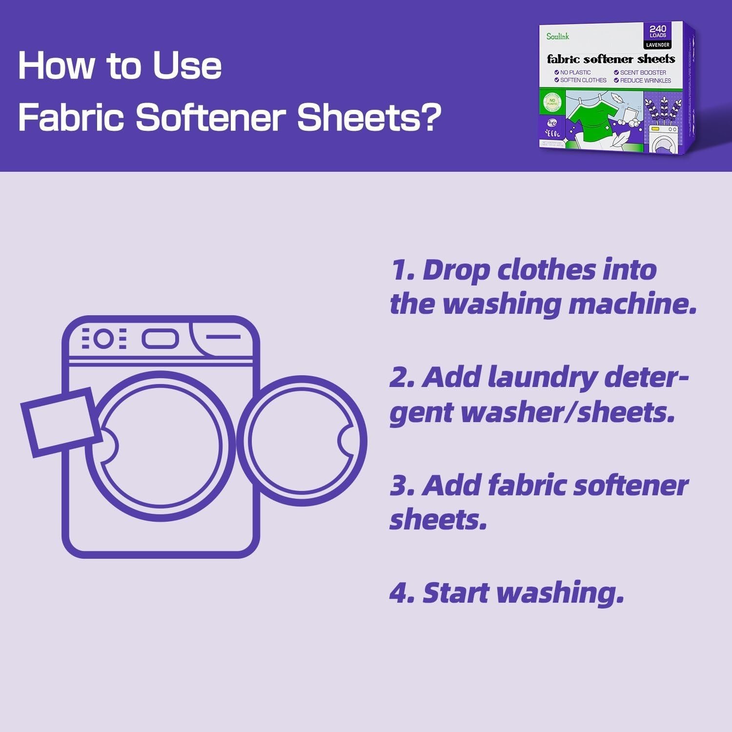 Travel-Friendly Lavender Fabric Softener Sheets – 240 Loads, Safe and Effective