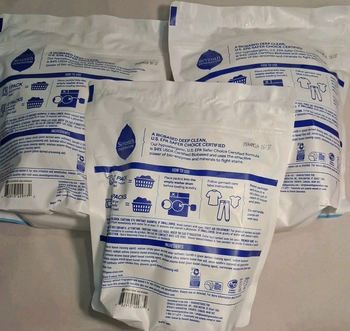 3 Count Seventh Generation Laundry Detergent Free&Clear Packs – 135 Total