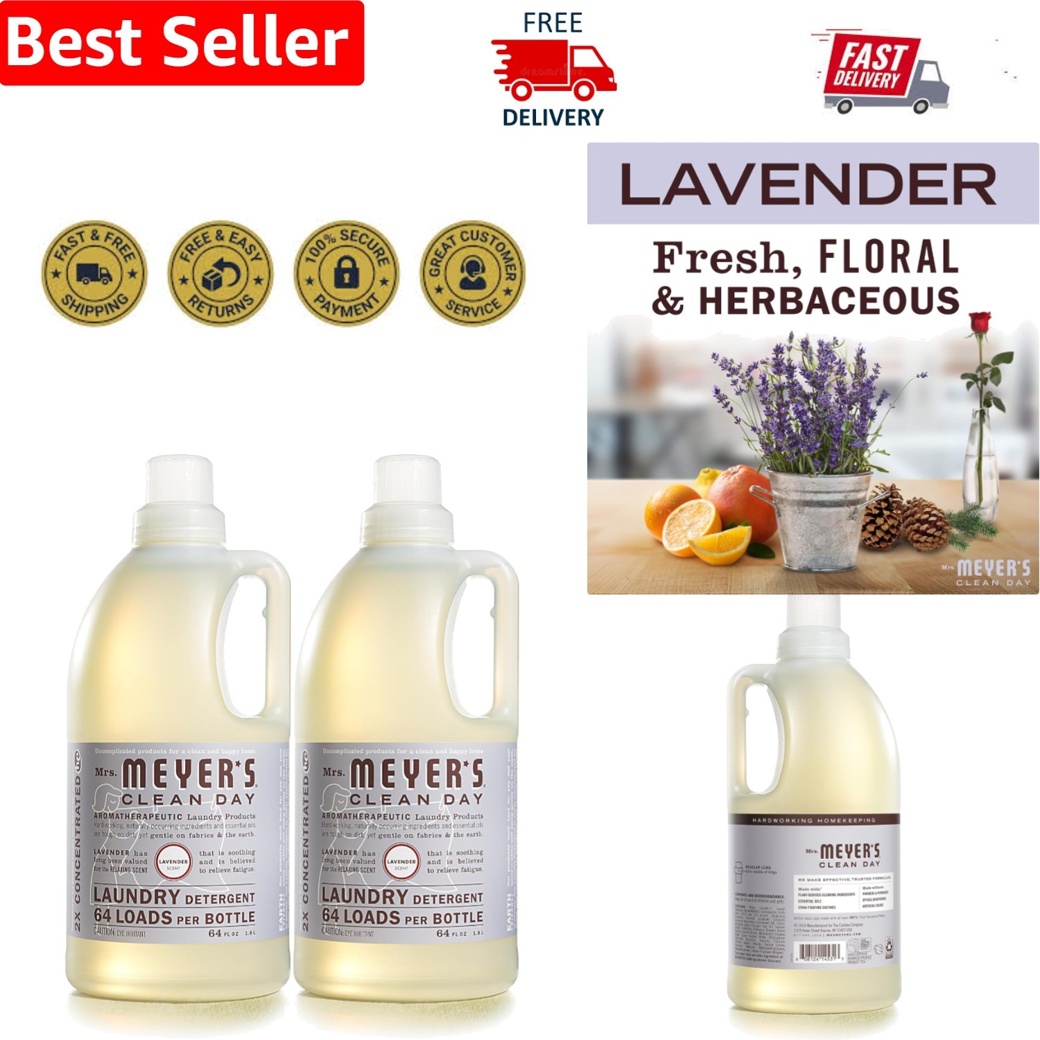 Mrs. Meyer’s Lavender Scented Laundry Detergent – Cruelty-Free, 64 oz, Pack of 2