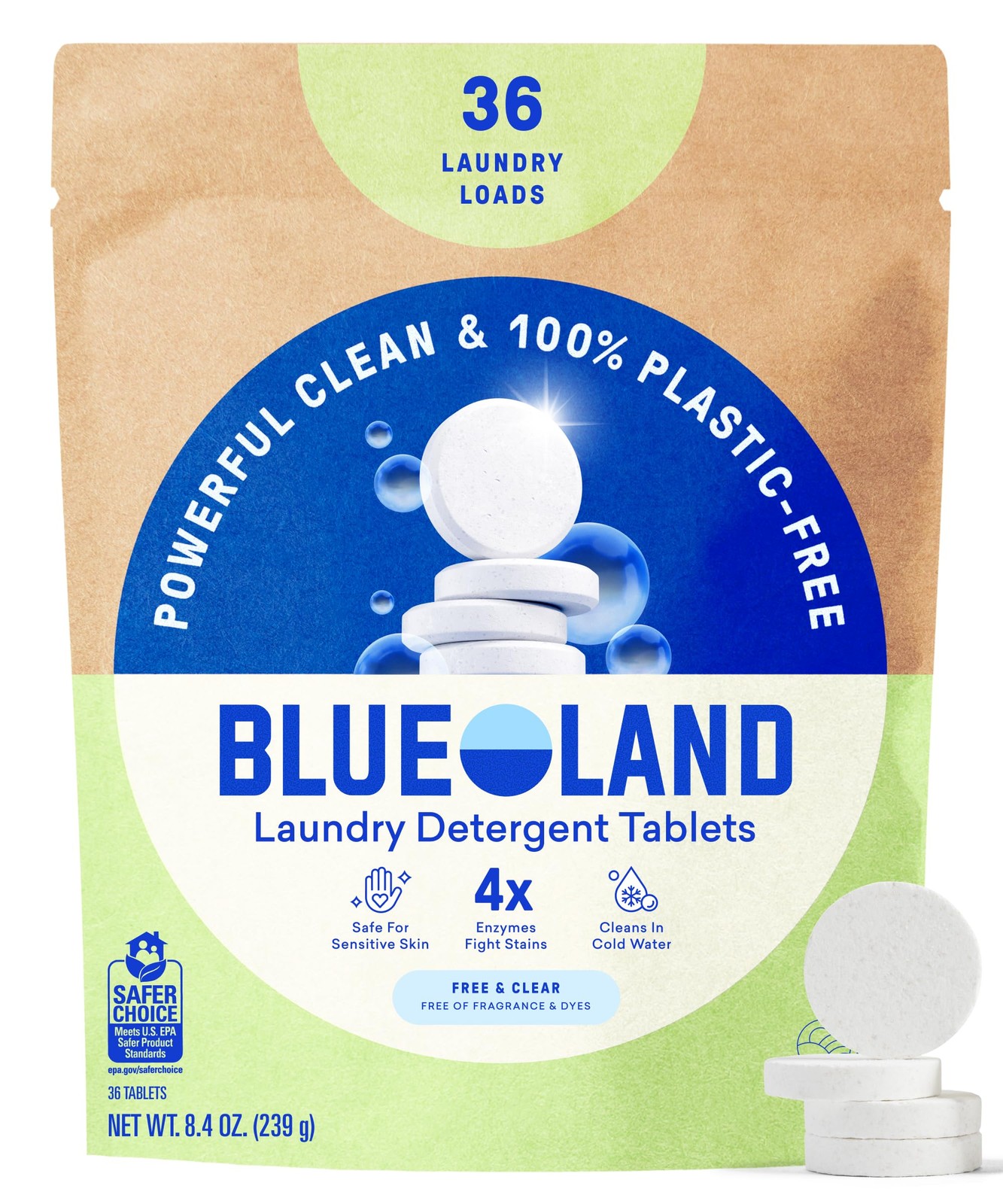 BLUELAND Laundry Detergent Tablets, 36 Count, Fragrance Free, Eco~Friendly