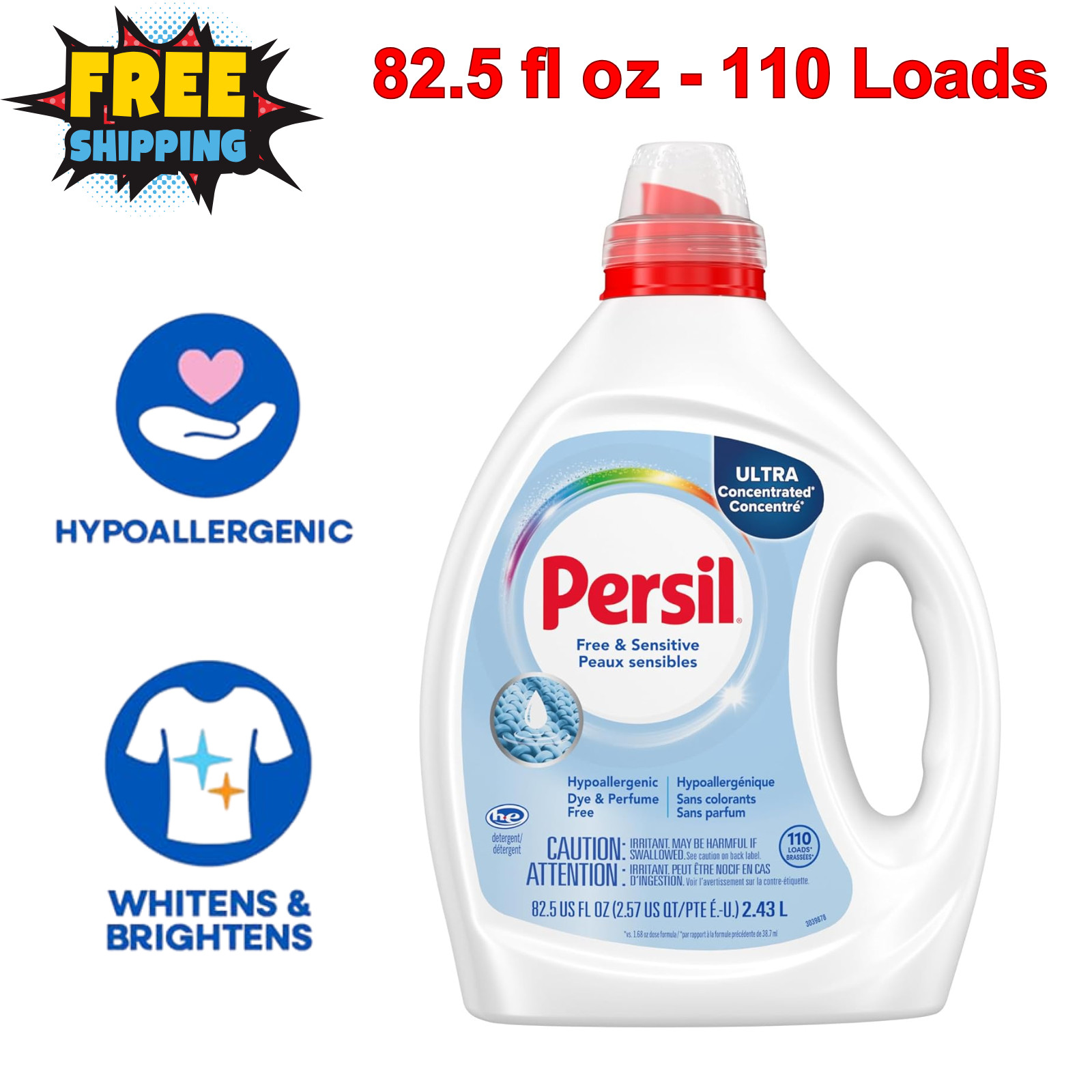 Persil Free & Sensitive Liquid Laundry Detergent Unscented Hypoallergenic 82.5oz