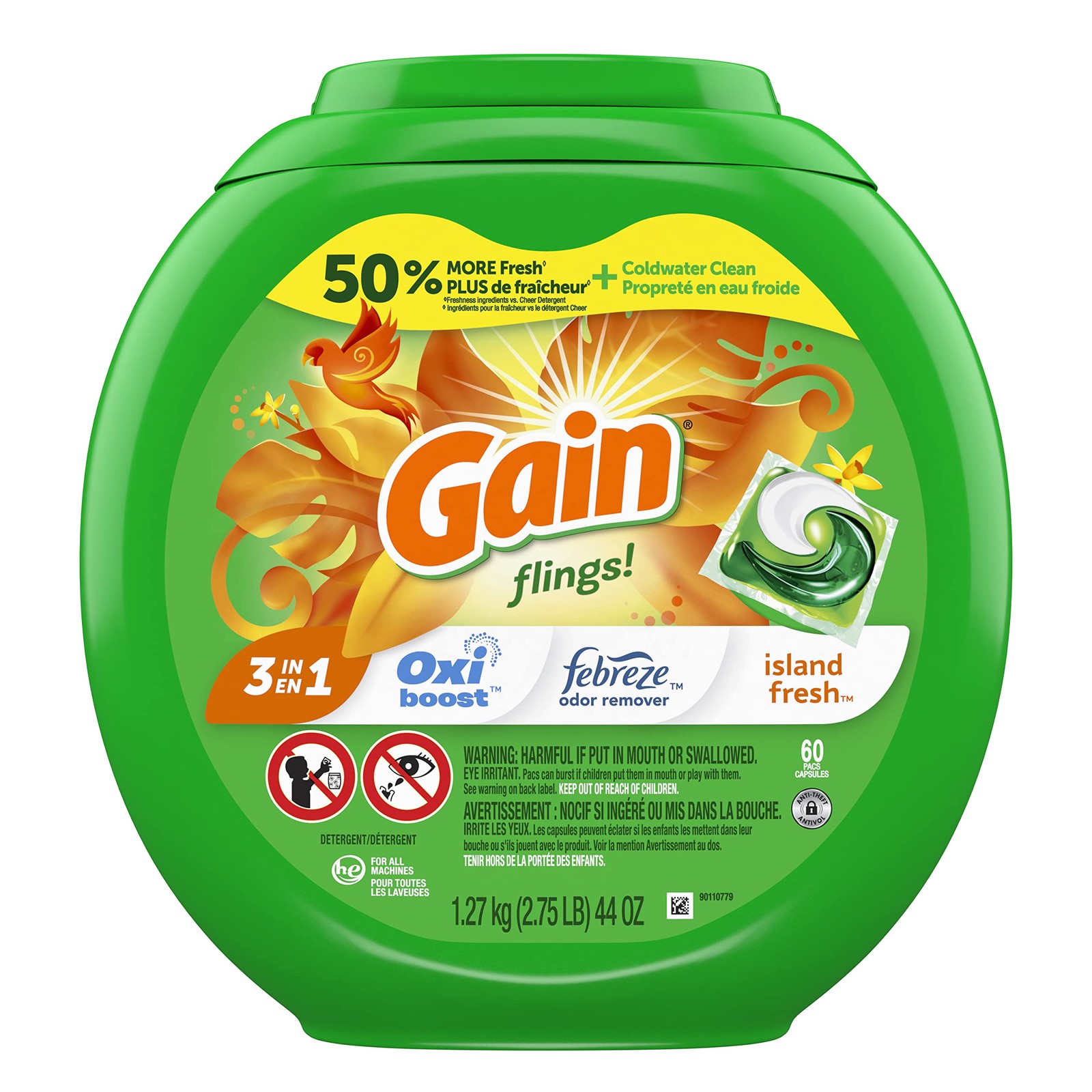 Gain Island Fresh Laundry Detergent 60 Count OxiBoost Febreze Pacs