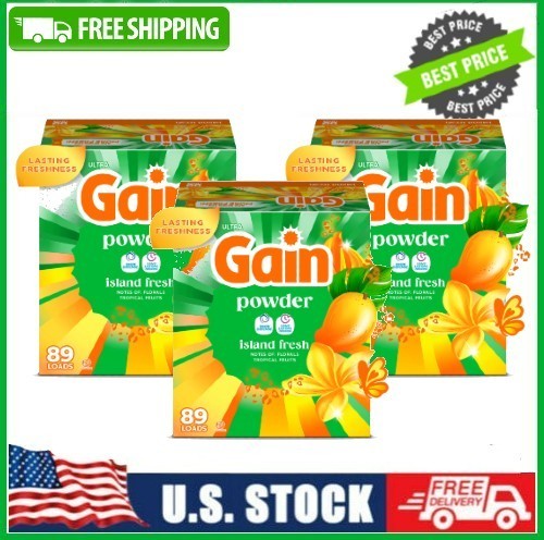 3 PACK Gain Powder Laundry Detergent, Island Fresh Scent, 82 oz, 89 Loads