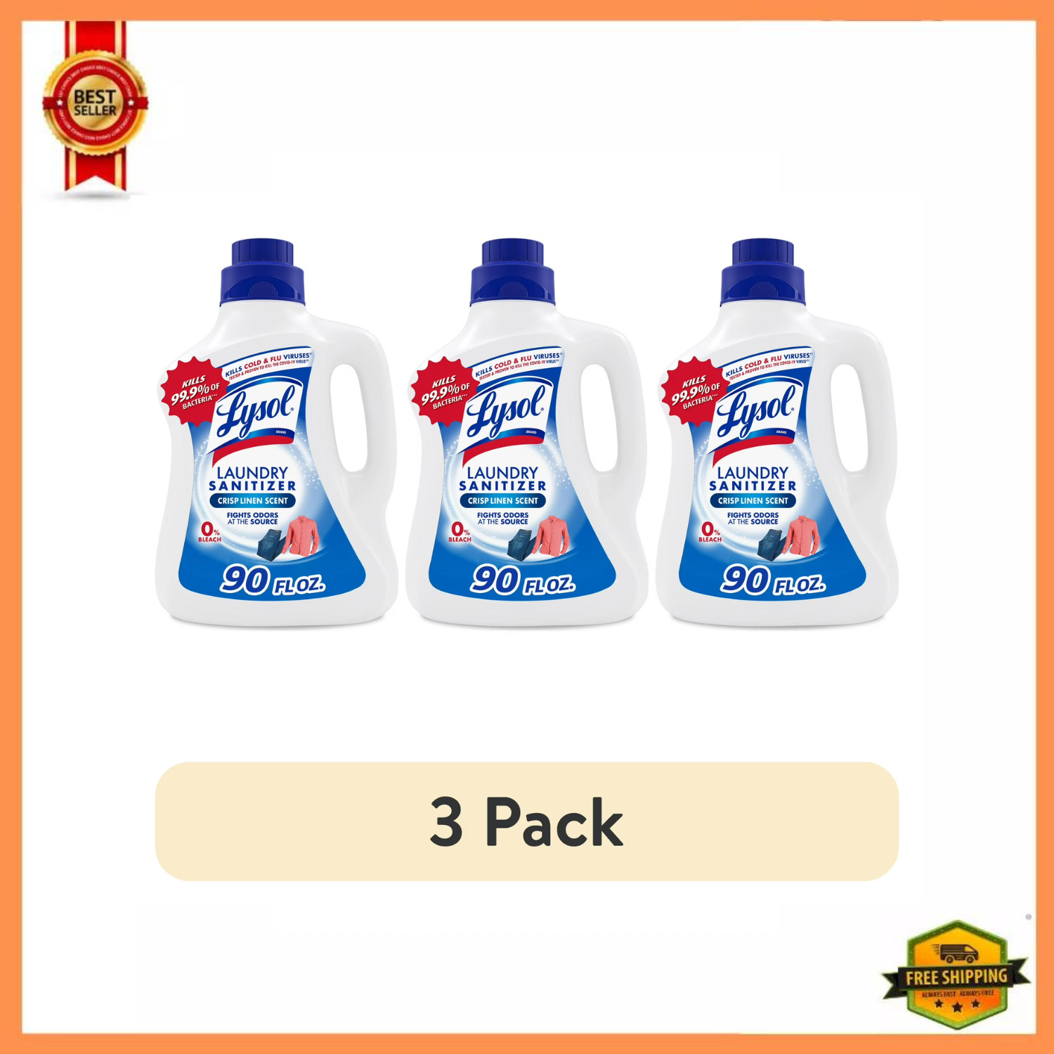 Lysol Laundry Sanitizer Crisp Linen 90oz Kills 99.9% Bacteria Odor, 3 Pack