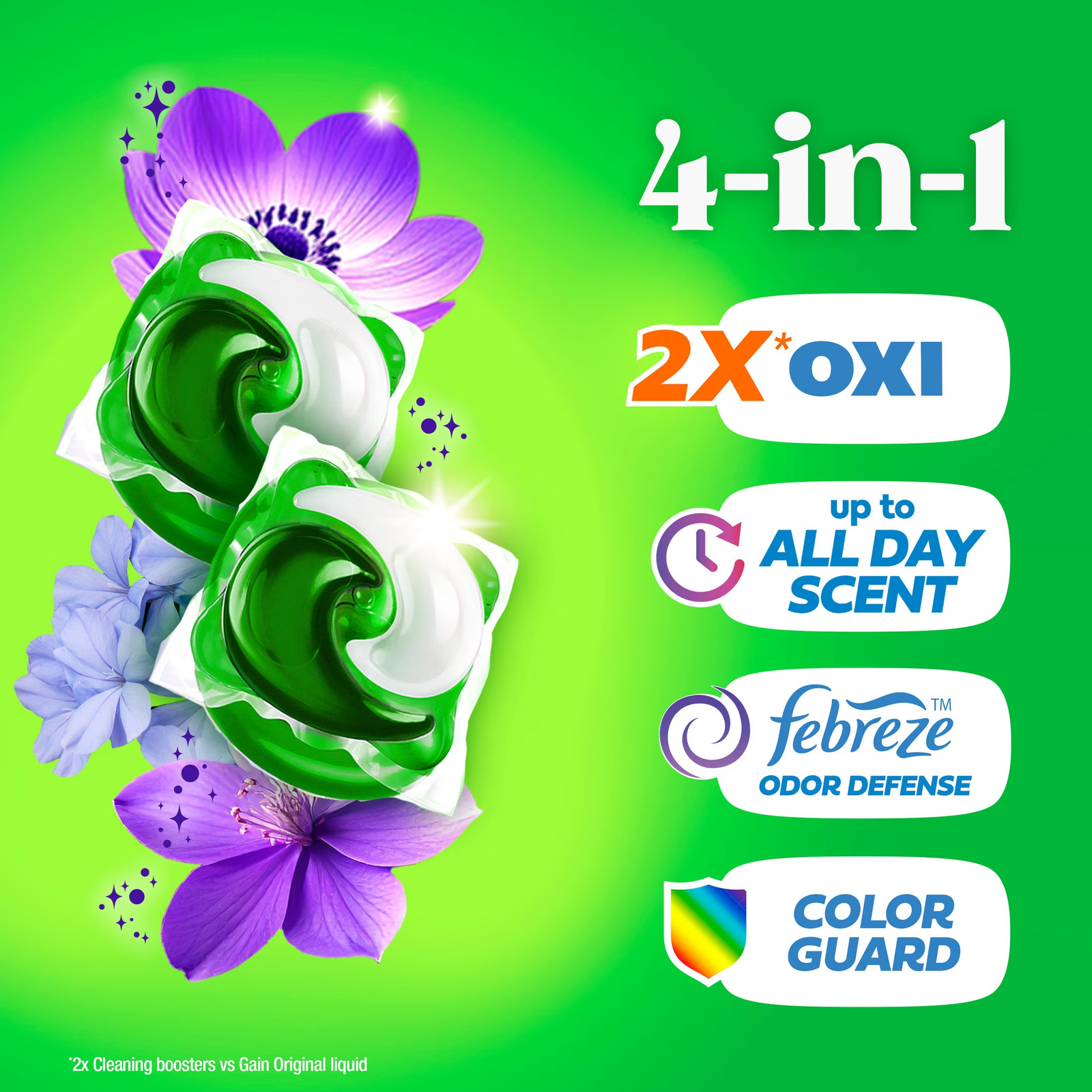 Flings Laundry Detergent Soap Pacs, 4-In-1 Oxi Boost and Febreze, Moonlight Bree
