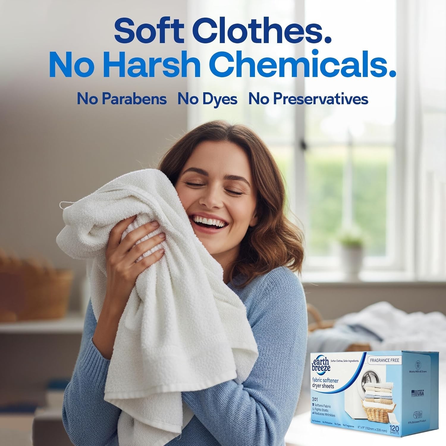 Earth Breeze Fabric Softener Dryer Sheets – Fragrance Free, Hypoallergenic, No H