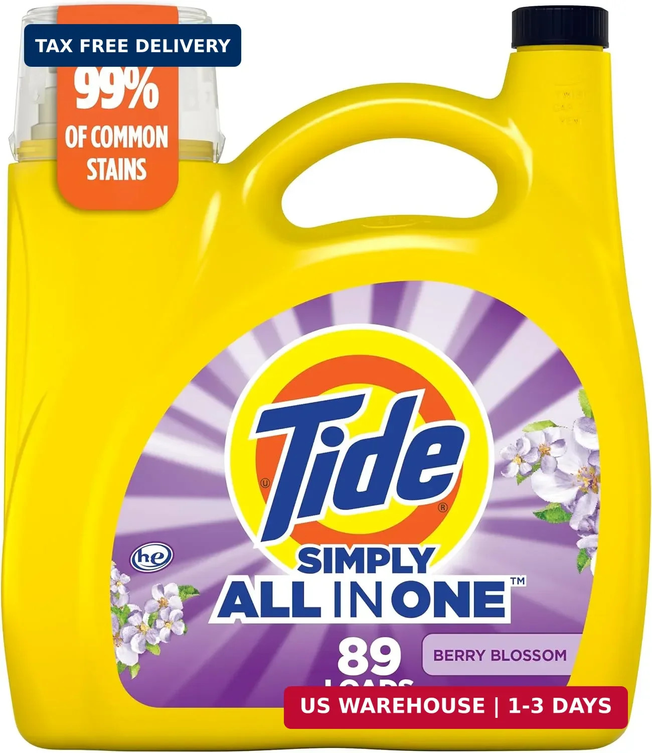 Tide Simply All-In-One Liquid Laundry Detergent, Berry Blossom Scent, 89 Loads,
