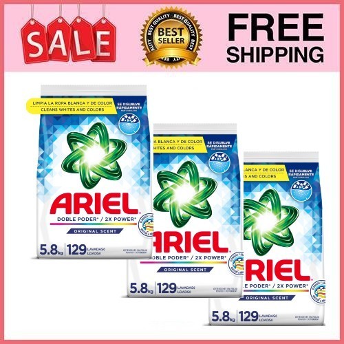 3 Bag Ariel Laundry Detergent Powder, Original Scent, 5.8 kg, 129 Loads/ Bag