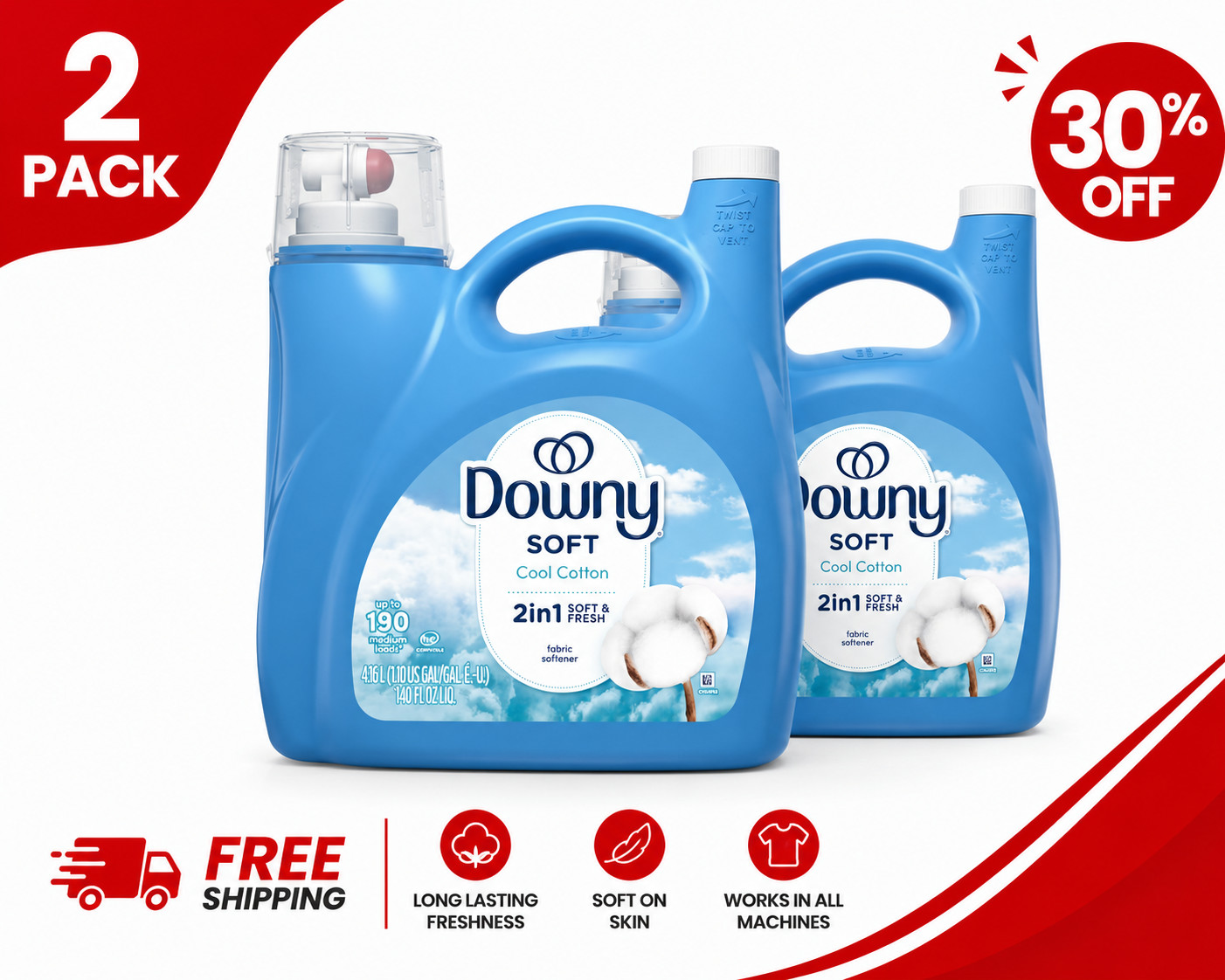 [BIG DEAL] 2 Pack Downy Cool Cotton Fabric Softener 140 fl oz 190 Loads