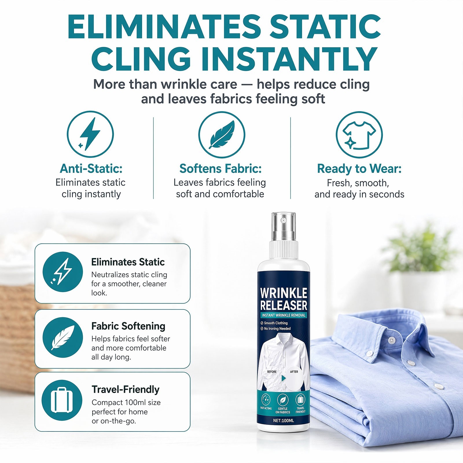 100ml Travel Wrinkle Release Spray,Fabric Refresher No Iron for Shirts & Dresses