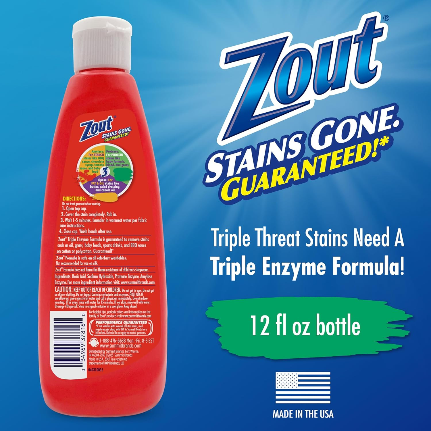Zout Laundry Stain Remover, Triple Enzyme 12 Fl Oz (Pack of 1), No Color