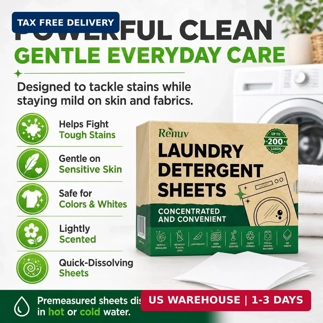 Renuv® Laundry Detergent Sheets, 50 Sheets, up to 100 Loads | Eco Friendly, Sust
