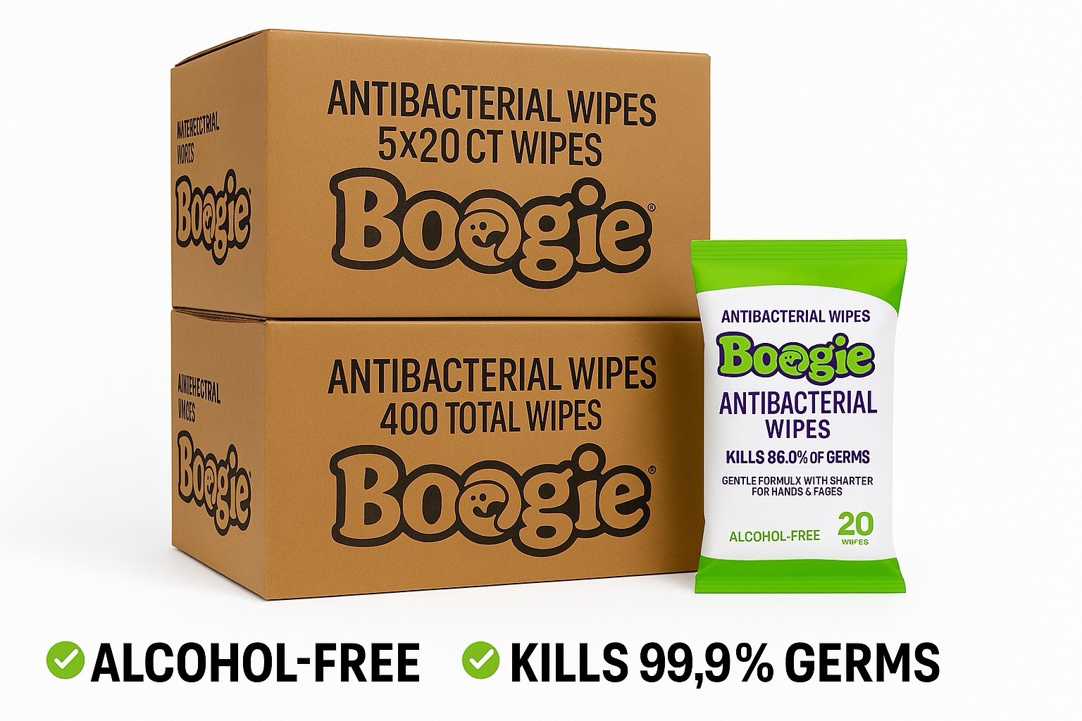 Boogie Antibacterial Wipes – 2 Boxes (200 Wipes) – Alcohol-Free – NEW