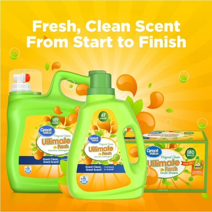 Liquid Laundry Detergent Great Value Original Clean 154 fl oz 107 Loads HE