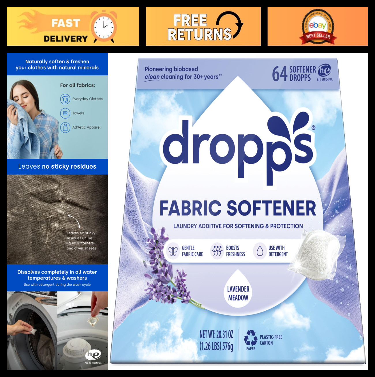 Lavender Meadow Fabric Softener Pods (64 Count) – Eco-Friendly, Soft & Fluffy Fa