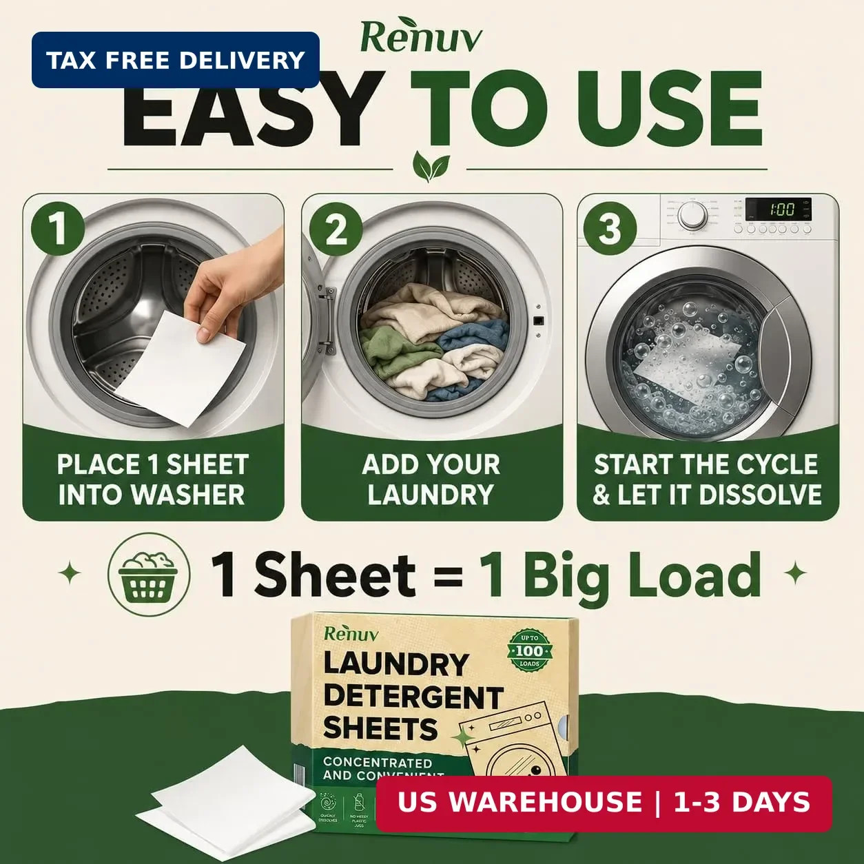 Renuv® Laundry Detergent Sheets, 50 Sheets, up to 100 Loads | Eco Friendly, Sust