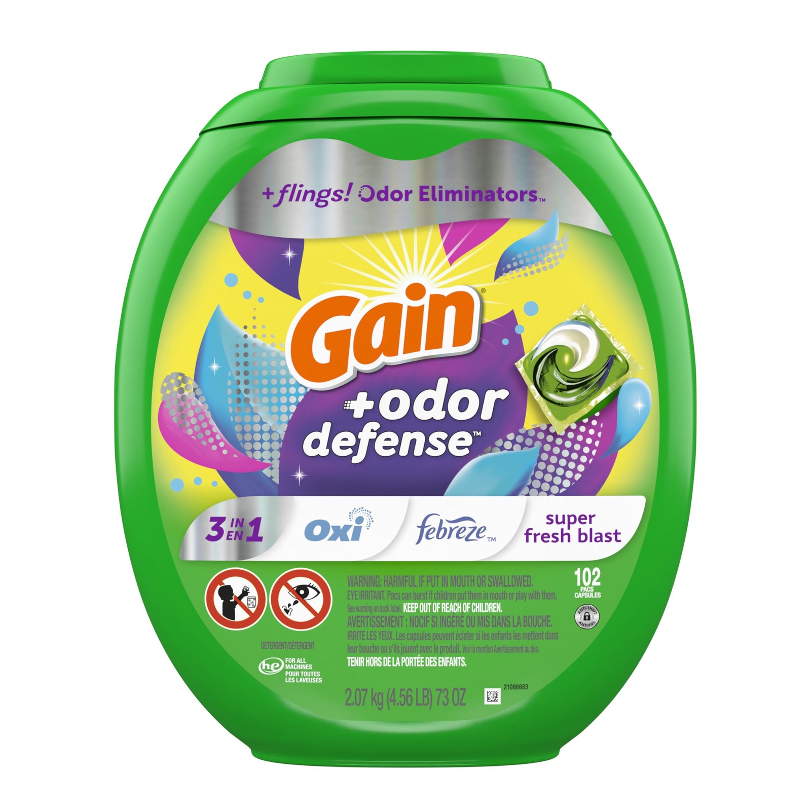 Gain Flings Laundry Detergent Pacs with Odor Defense, 102 Count (Pack of 1)