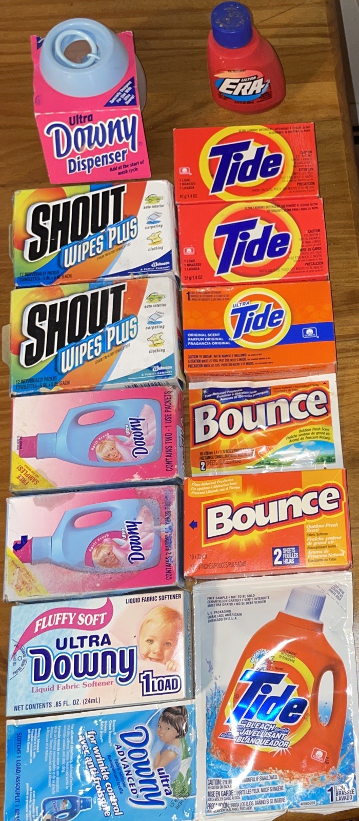 VNTG 90s + Tide Bleach Laundry Box Detergent Downy Samples Movie Prop 14pc New