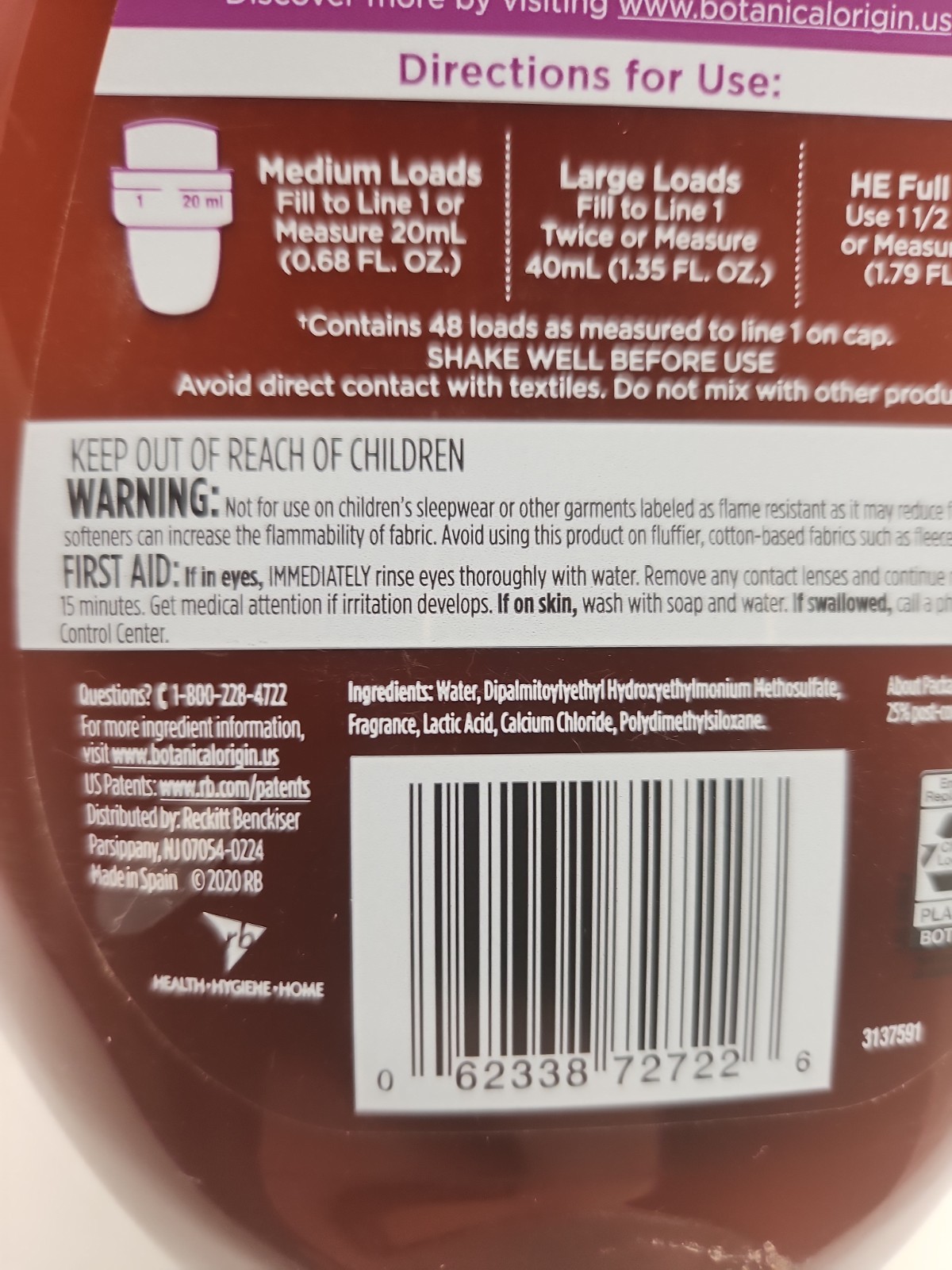 Botanical Origin Plant-Based Fabric Softener Hypoallergenic Jasmine Lavend 32.46