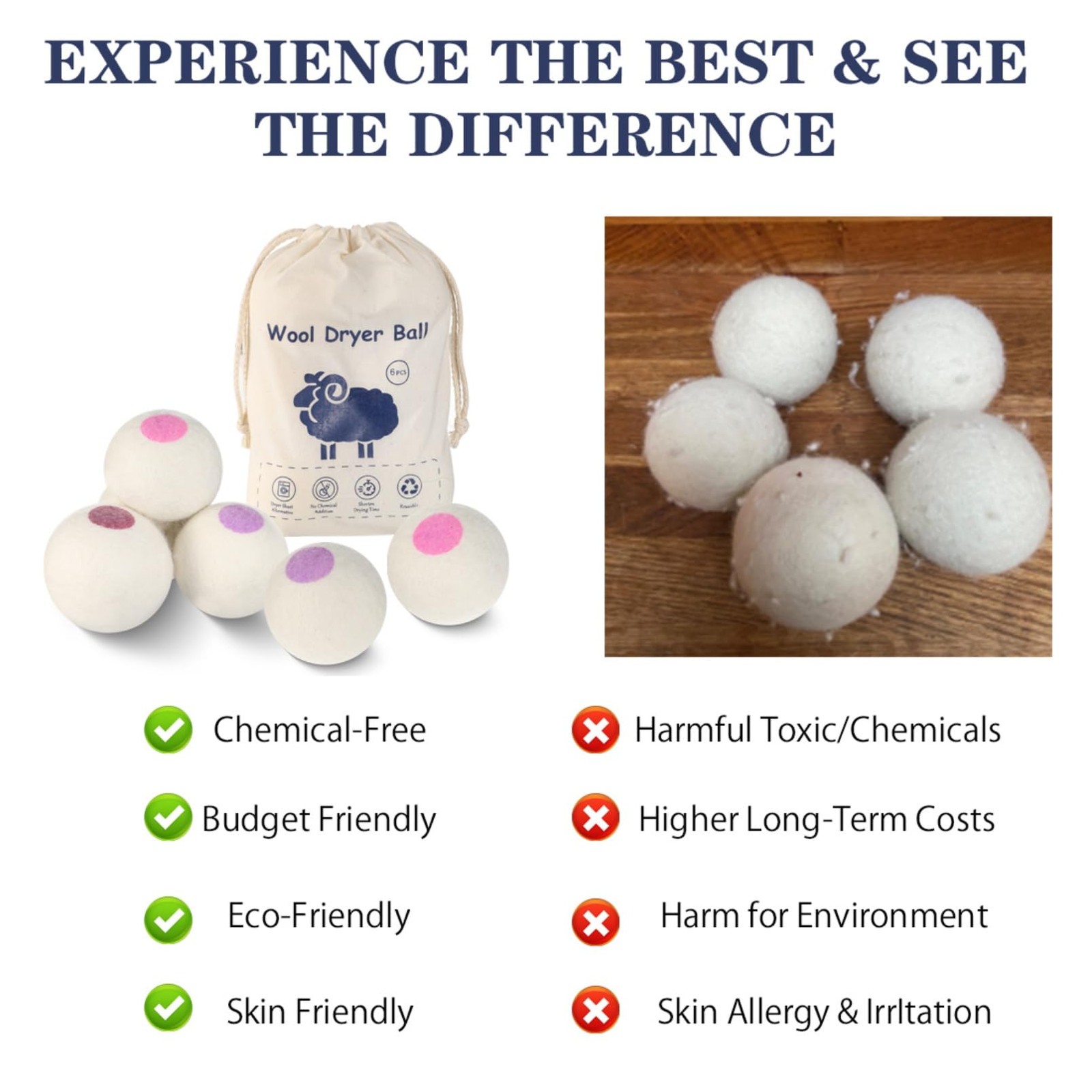 Wool Dryer Balls 6PCS Pure Organic Laundry Wool Tumble Dryer Ball Reusable Na…