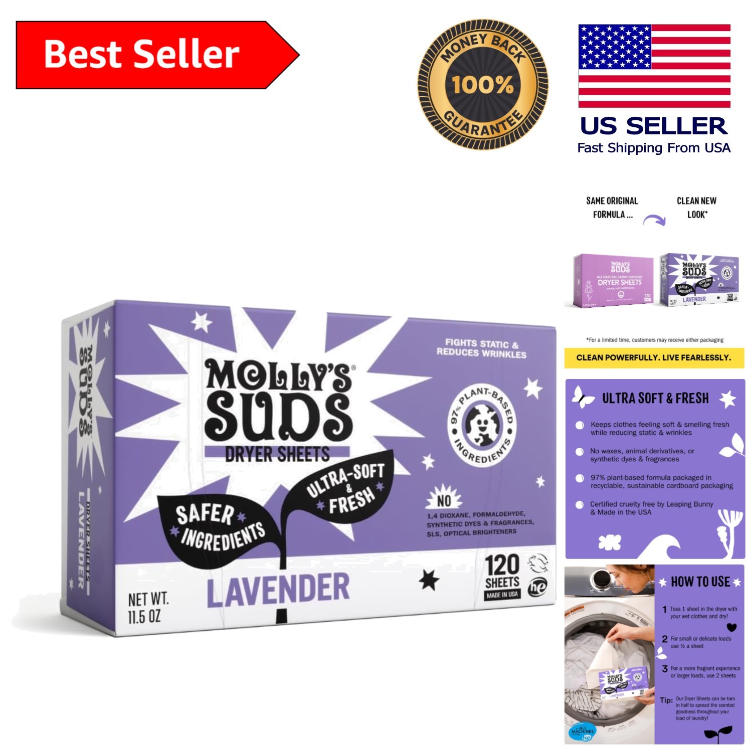 Cruelty-Free Lavender Fabric Softener Dryer Sheets – 120 Plant-Based Sheets