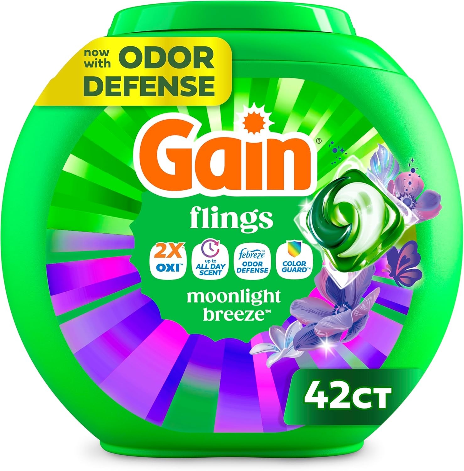 Gain Flings Liquid Washing Detergent Pods with Odor Defense + Color Guard, Moonl