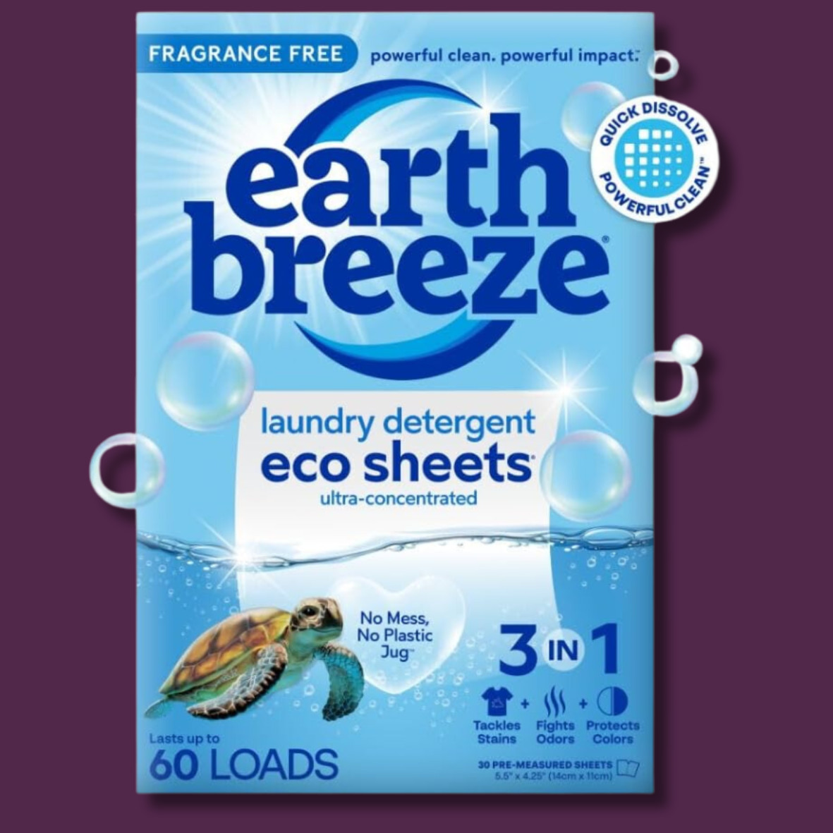Earth Breeze Laundry Detergent 30-Eco Sheets Fragrance Free Up to 60 Loads – New