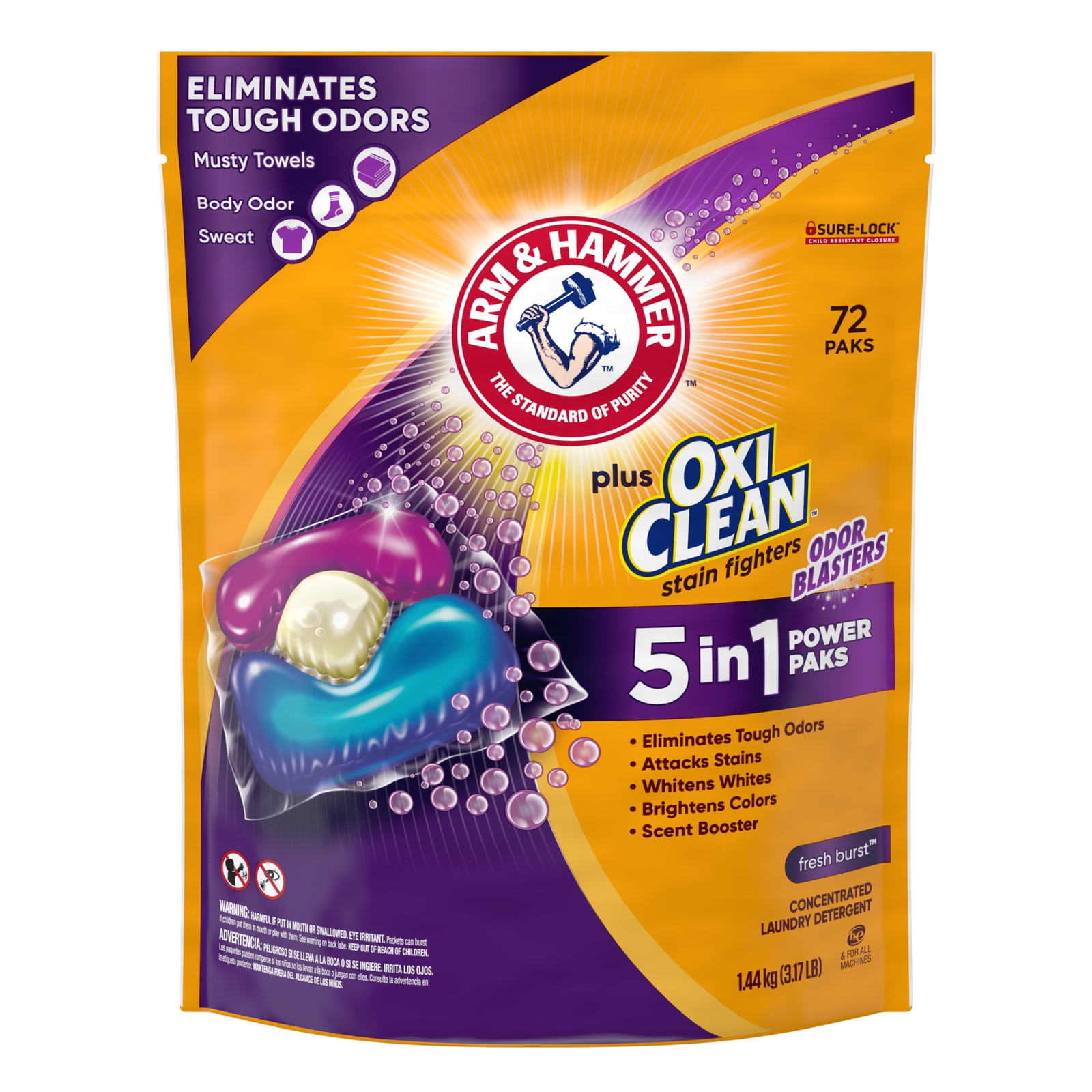 Plus OxiClean With Odor Blasters Laundry Detergent, 5-IN-1 Power Paks, 72 Ct