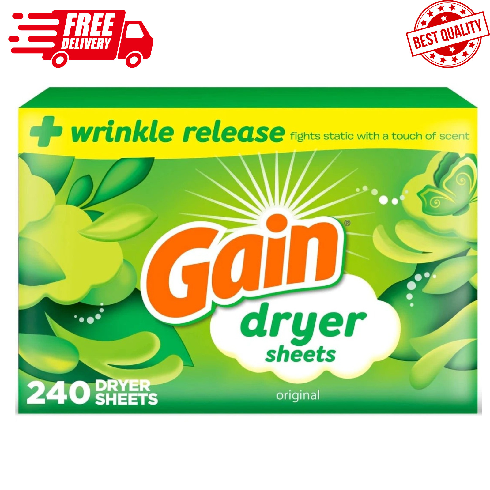 Gain Dryer Sheets Laundry Anti-Static Fabric Softener, Original Scent, 240 Count