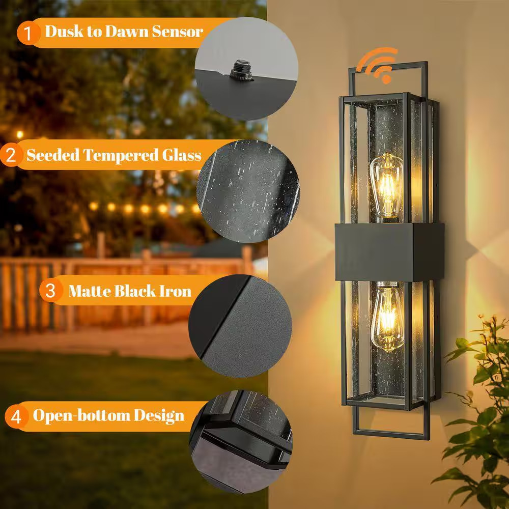H26 In. 2-Light Modern Outdoor Wall Light W/ Dusk to Dawn Sensor Black Exterior