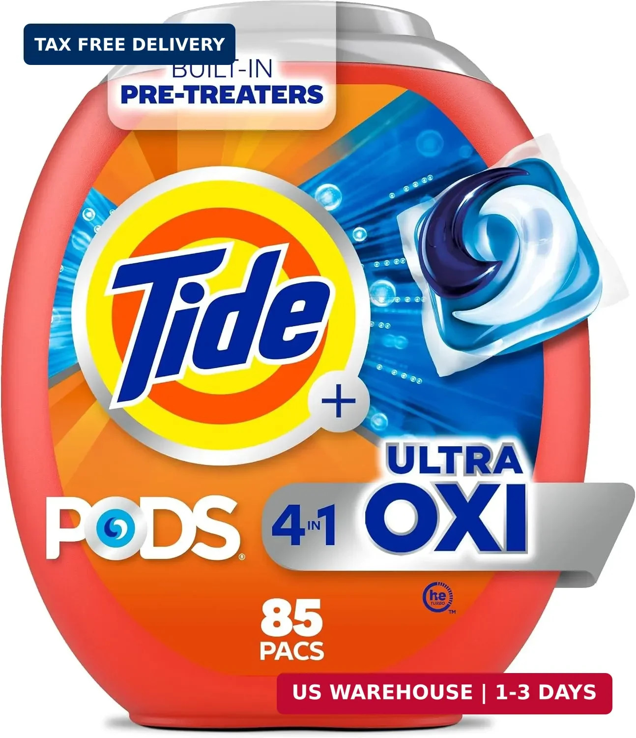 4-in-1 Ultra Oxi PODS Laundry Detergent Pacs, 85 Count, HE Compatible, Buil