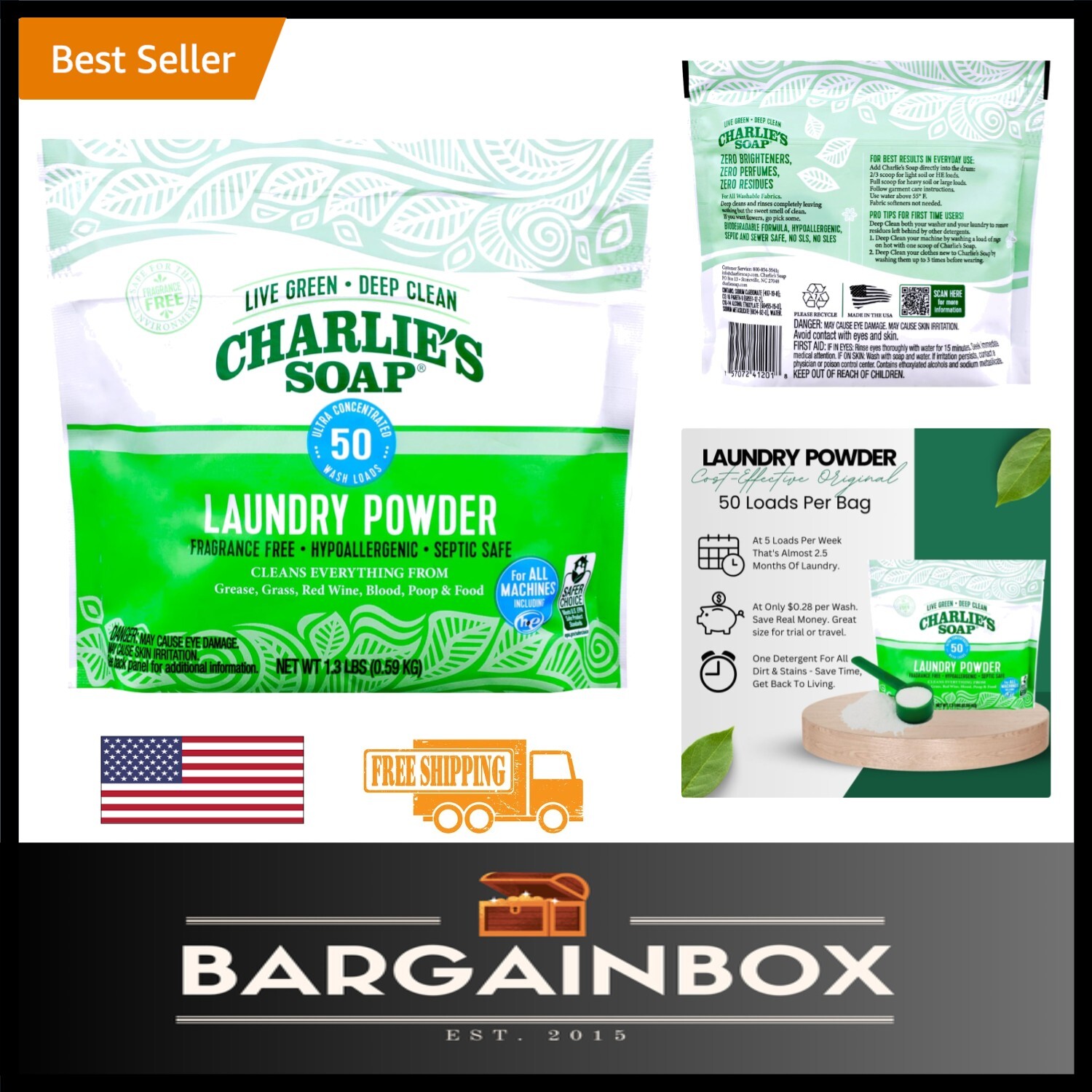 Charlie’s Soap Hypoallergenic Laundry Powder – Eco-Friendly, 50 Loads, Unscented