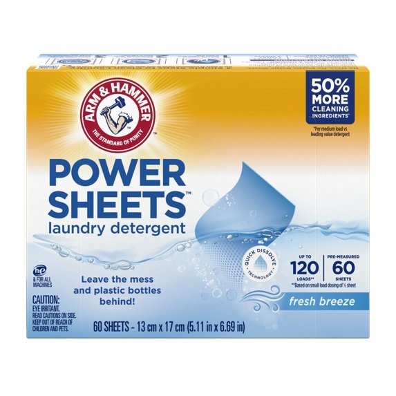 ARM & HAMMER Power Sheets Laundry Detergent, Fresh Breeze, 60 Count, Up to 120 S