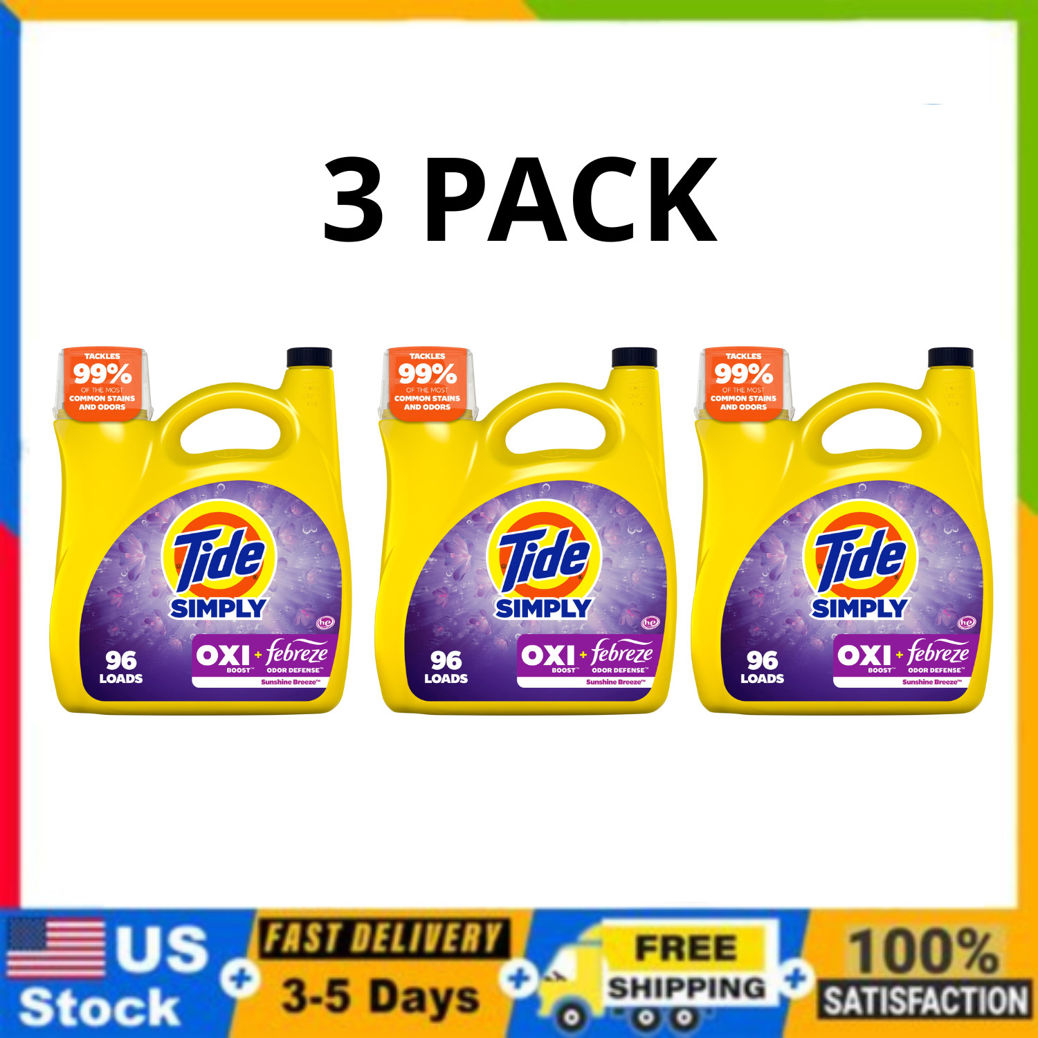 Tide Simply Oxi Boost Laundry Detergent Sunny Breeze 129 fl oz 96 Loads, 3 Pack
