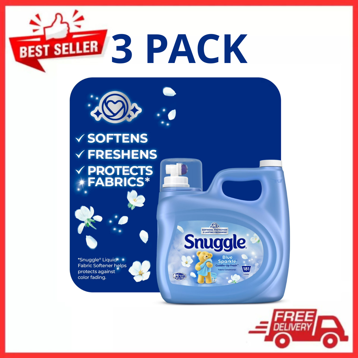 Snuggle Blue Sparkle Fabric Softener 123.1oz 181 Loads Cuddle-Up Fresh, 3 PACK