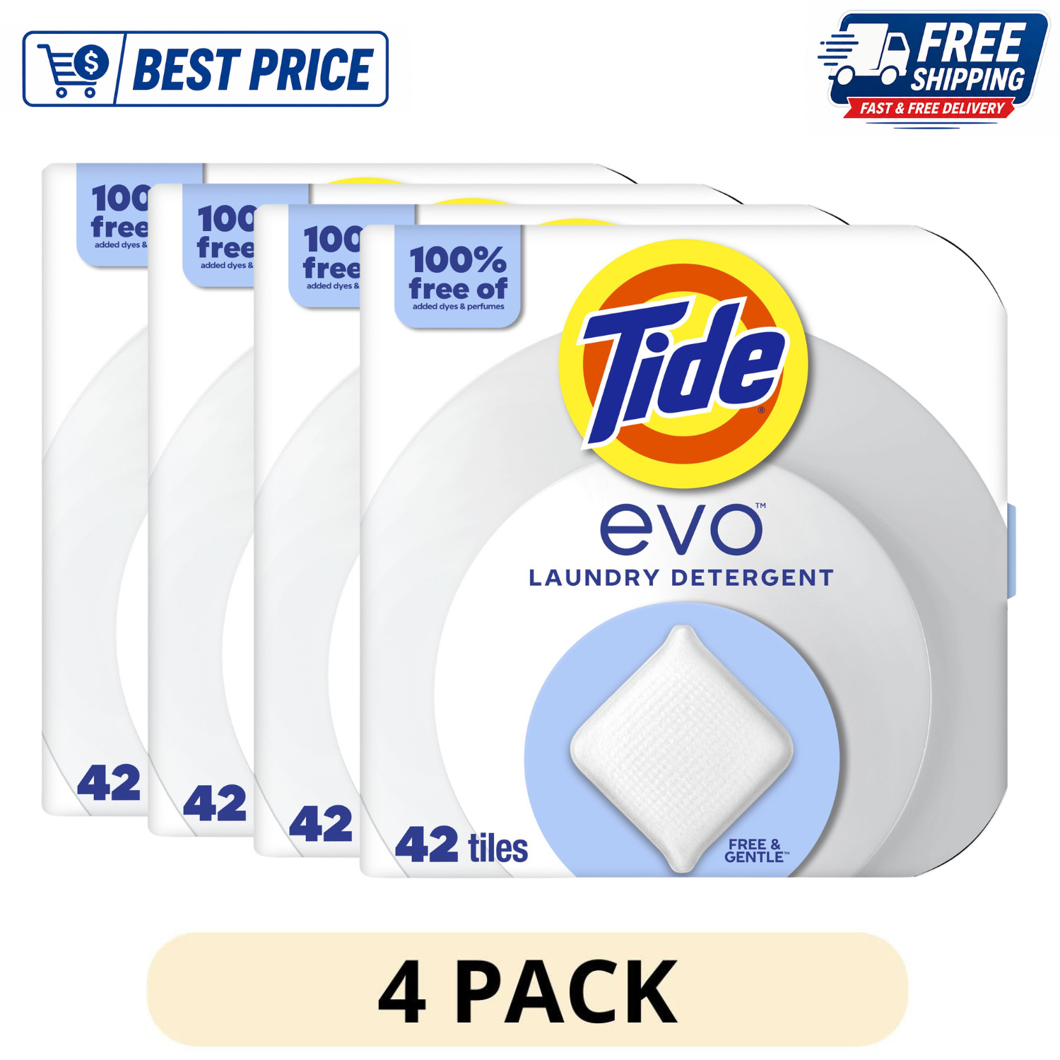 4 Pack Tide Evo Free Gentle Detergent Tiles 42 Ct Dissolvable Laundry Sheets