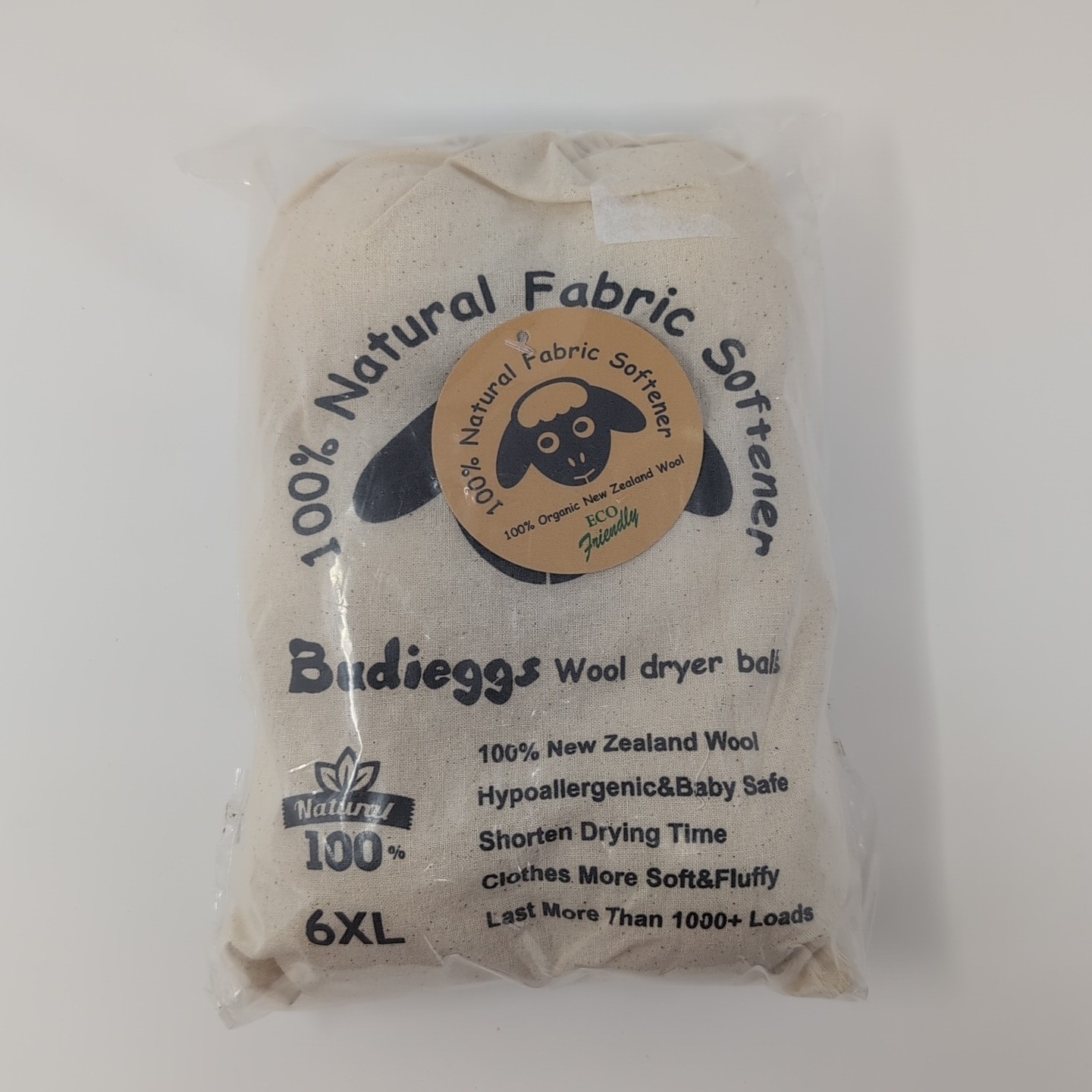 Budieggs Wool Dryer Balls Organic XL 6-Pack, 100% New Zealand Wool Chemical Free