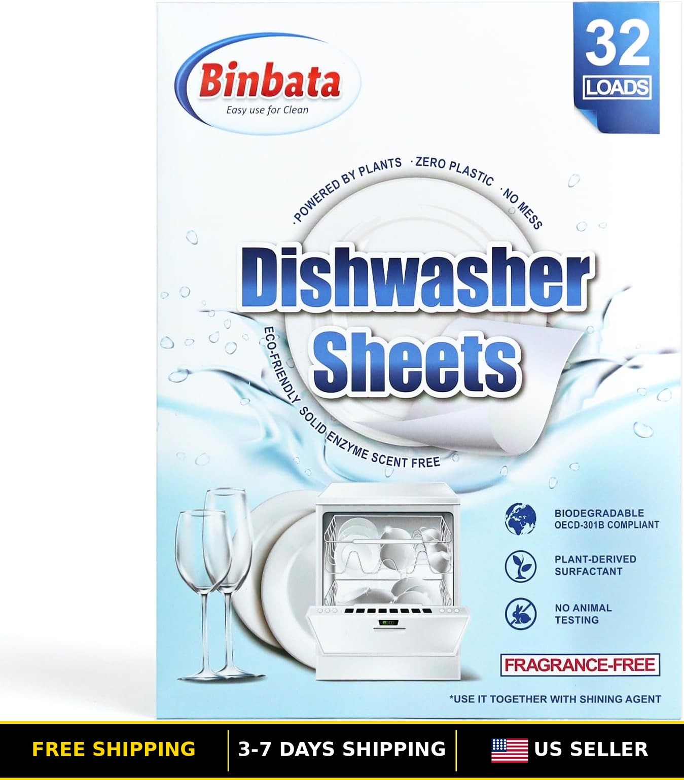 Eco-Friendly Dishwasher Detergent Sheets, Unscented & Biodegradable, 32 Loads