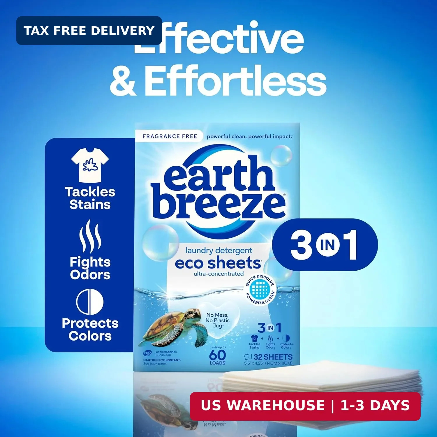 Earth Breeze Laundry Detergent Sheets-Fragrance Free-No Plastic Jug (60 Loads)