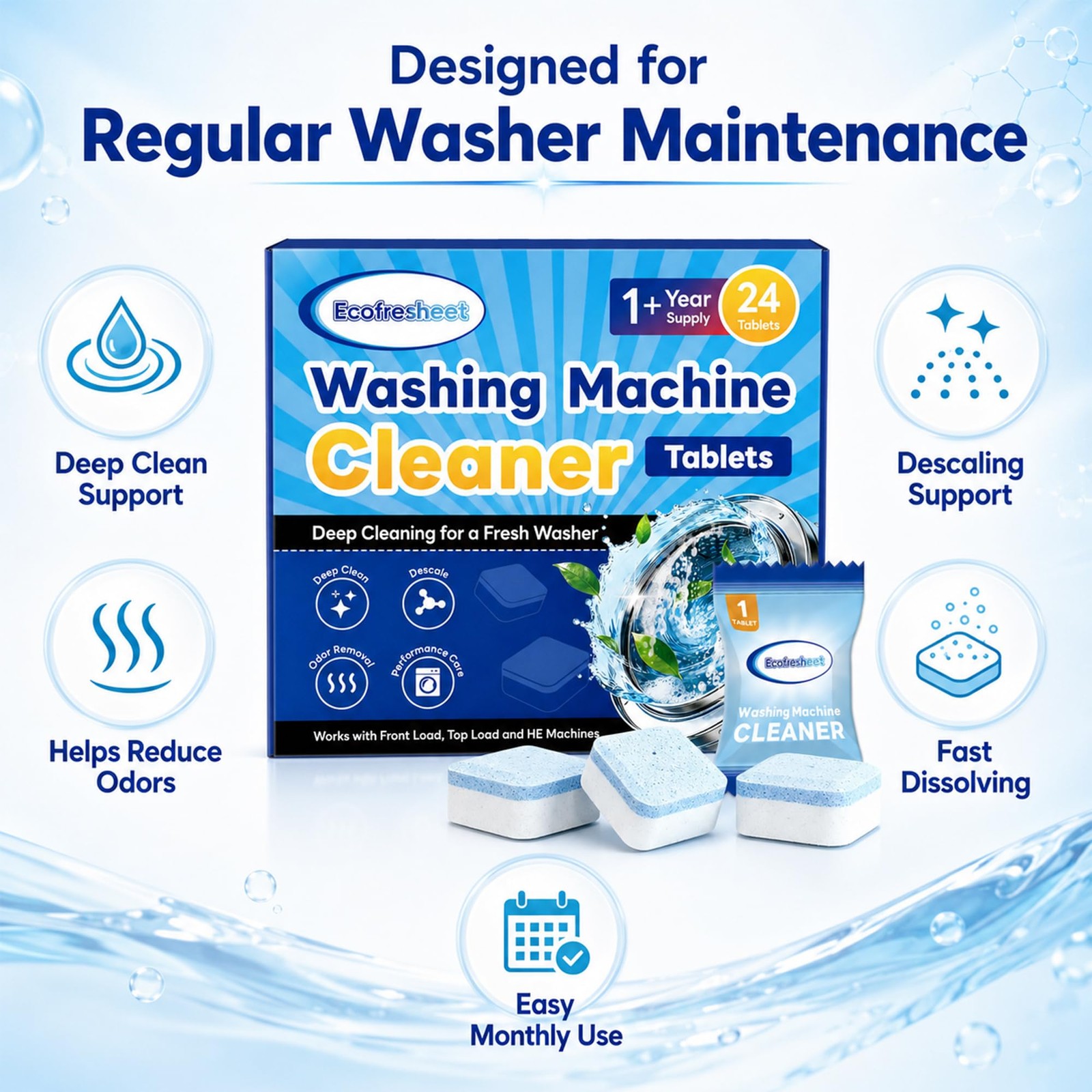 ECOFRESHEET Washing Machine Cleaner Tablets 24 Count, 24 Count (Pack of 1)