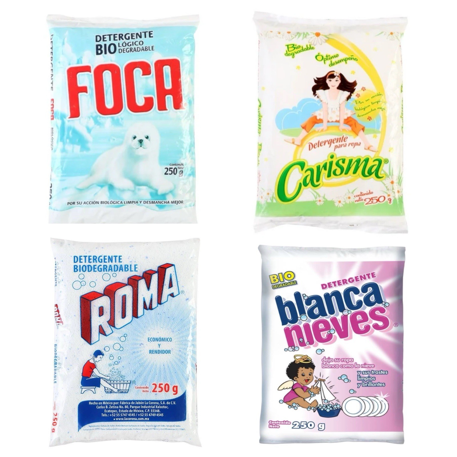 FOCA, ROMA, CARISMA & BLANCA NIEVES 🇲🇽 Powder Laundry Detergent, 250g, 4 Pack