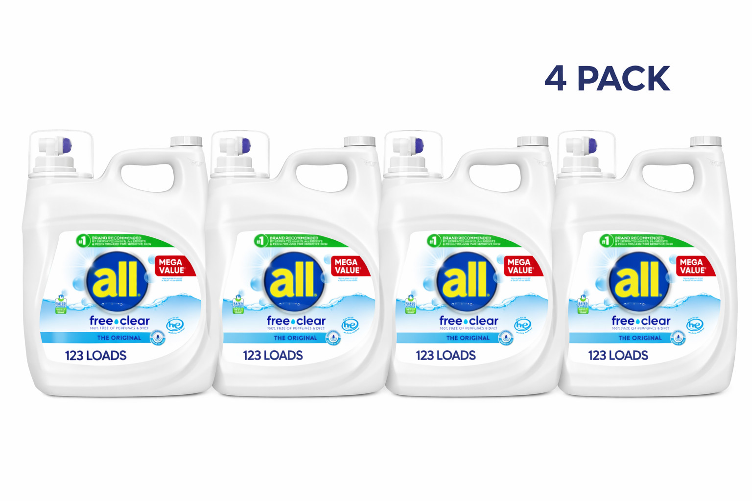 All Free Clear Liquid Laundry Detergent 154 oz 123 Loads HE Washer 4 Pack