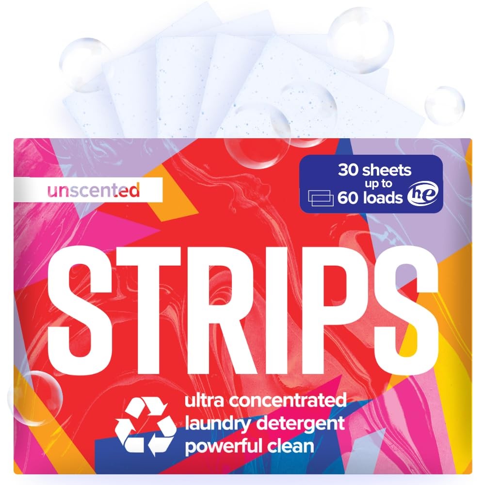 STRIPS Laundry Detergent Sheets, Unscented, Hypoallergenic, 60 Loads (30 ct)