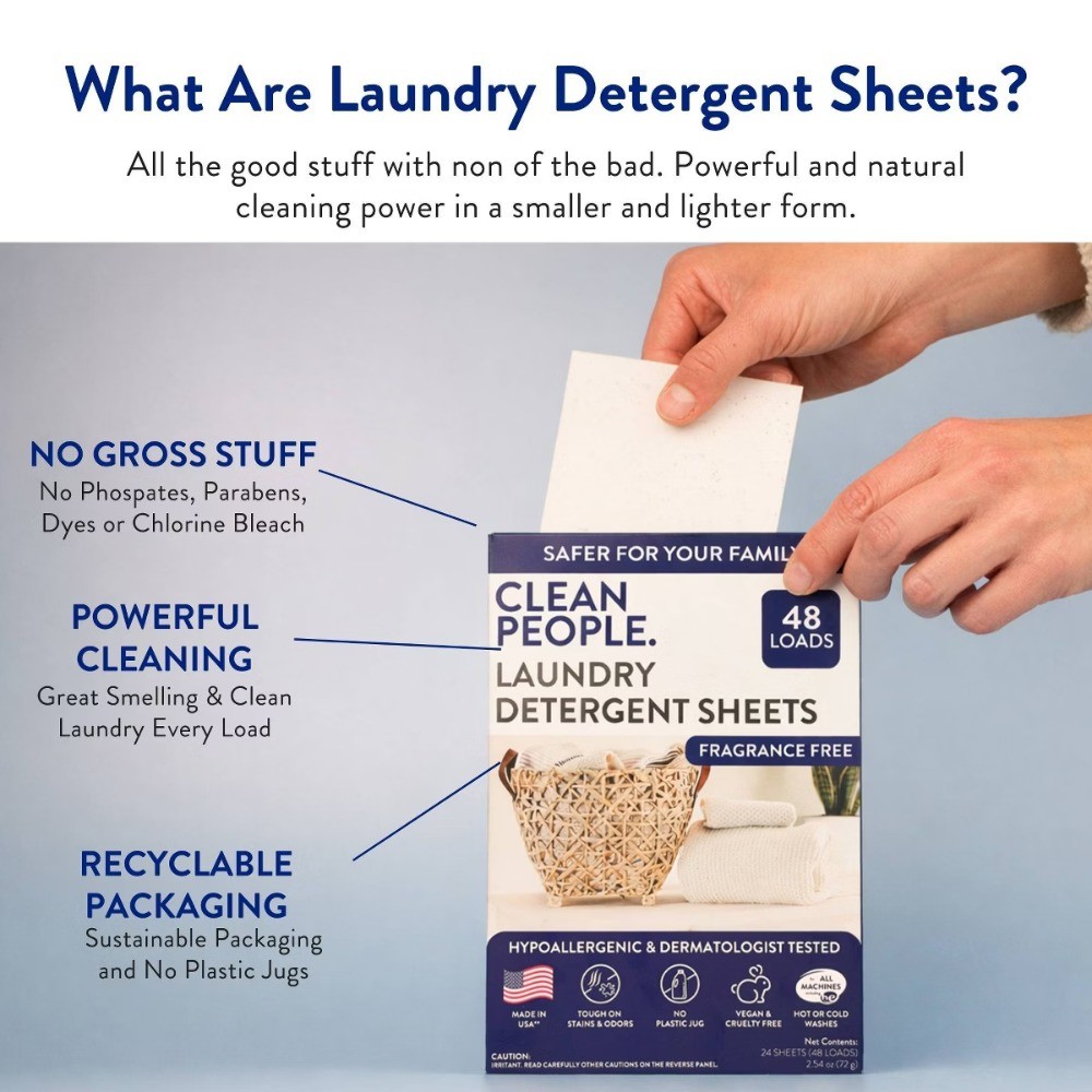 Clean People Laundry Sheets – Fragrance Free, 48 Loads, Hypoallergenic, Vegan