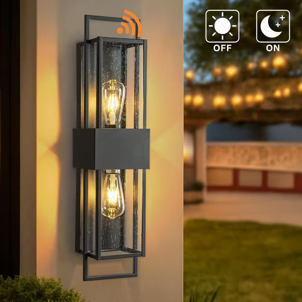 H26 In. 2-Light Modern Outdoor Wall Light W/ Dusk to Dawn Sensor Black Exterior